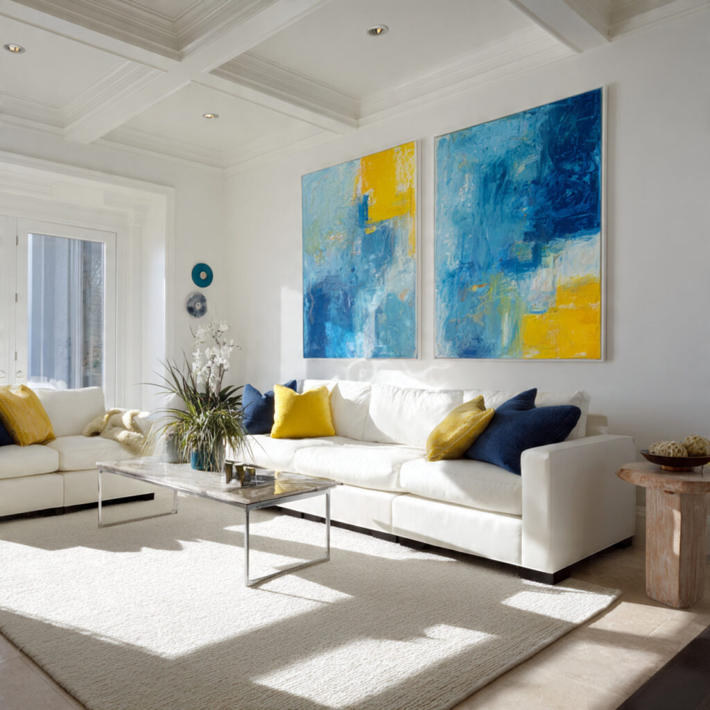 27 Genius White Living Room Ideas for Cozy, Chic Spaces 5 Adding a Pop of Color with Artwork