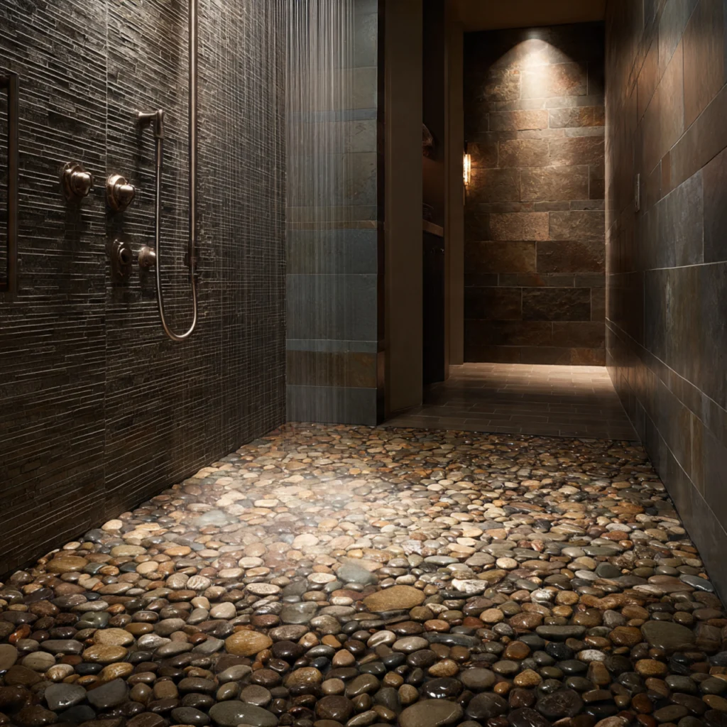 Incorporate Pebble or Mosaic Shower Floors