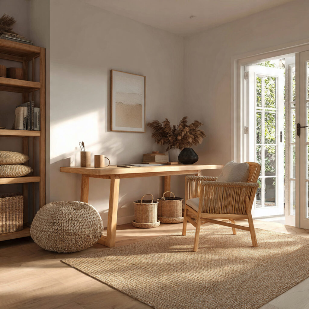 Create the Perfect Japandi Home Office Design 9 Rattan and Woven Accents