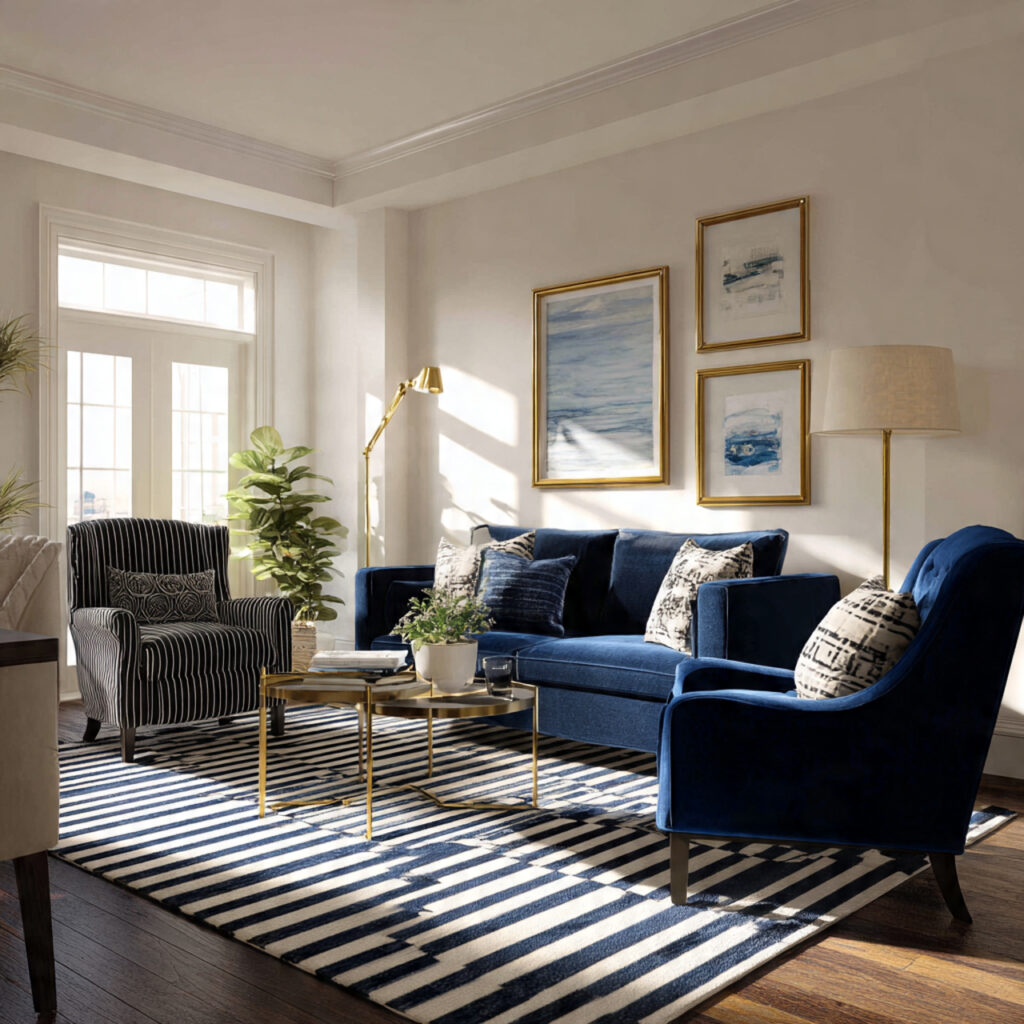 27 Genius White Living Room Ideas for Cozy, Chic Spaces 7 Styling White Living Room with Navy Blue