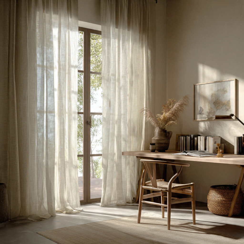 Create the Perfect Japandi Home Office Design 13 Textured Linen Curtains