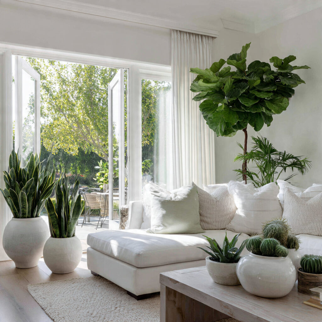 27 Genius White Living Room Ideas for Cozy, Chic Spaces 15 Using Greenery and Indoor Plants