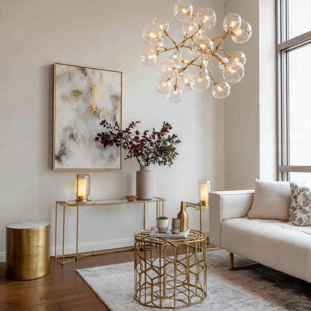 27 Genius White Living Room Ideas for Cozy, Chic Spaces 3 Using Metallic Accents for Glamour