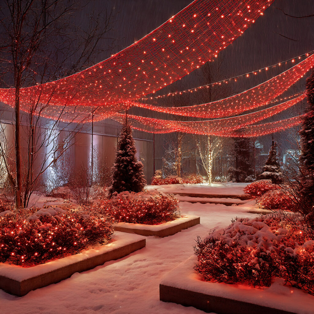 Red and White Christmas Lights for Elegant Holiday Decor 6 Utilizing Red and White Net Lights on Bushes
