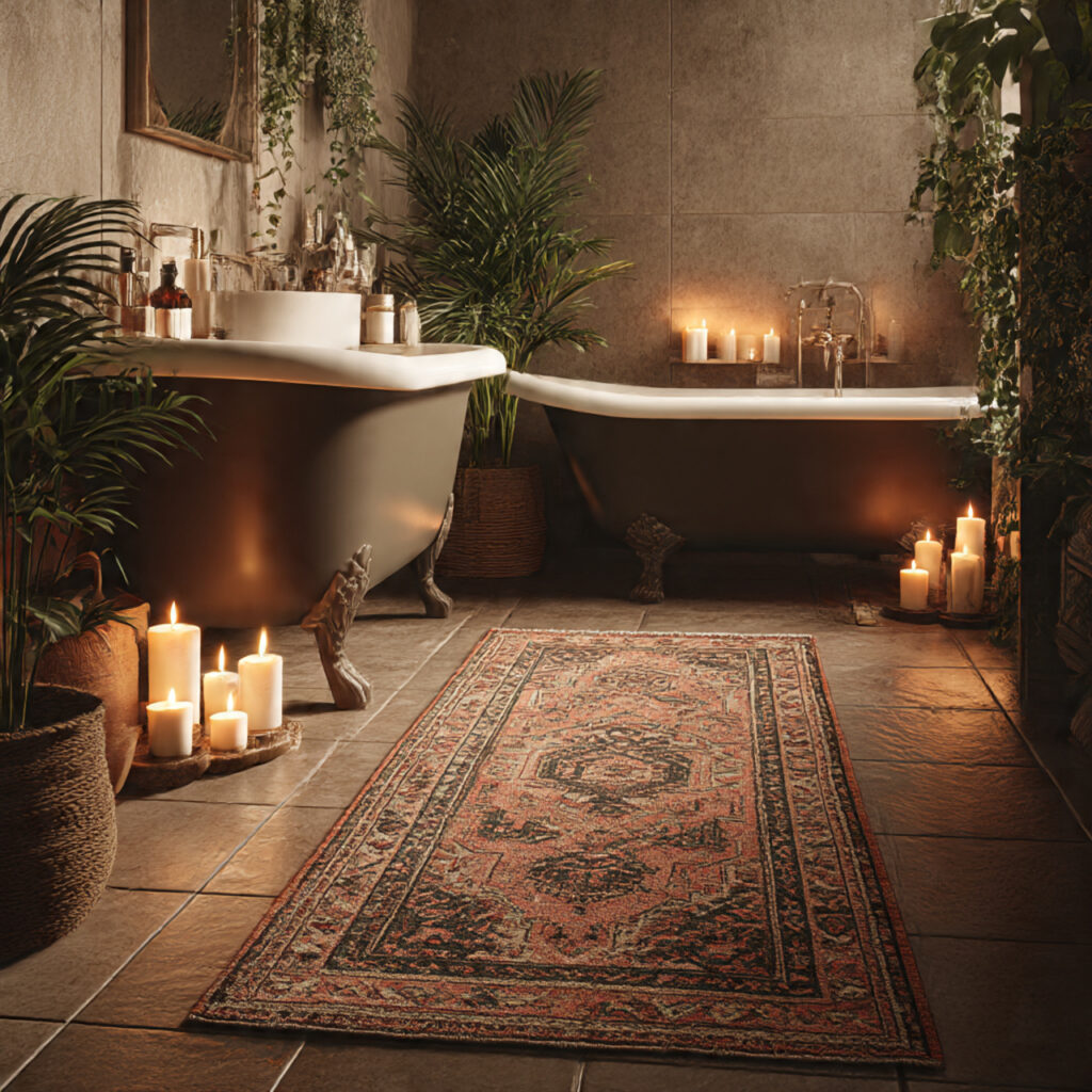 Vintage rugs as bath mats