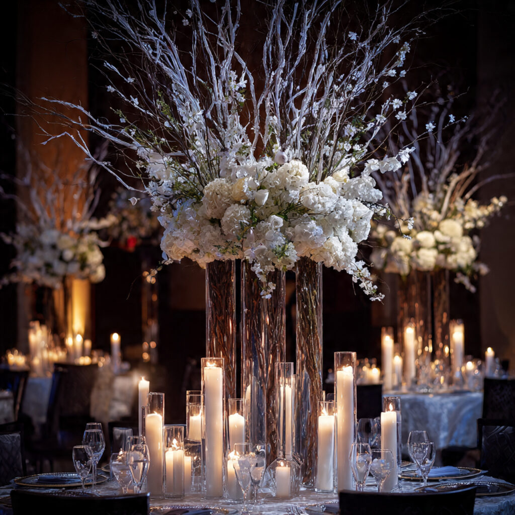 Winter Centerpieces: Festive & Stylish Decor Ideas 14 Tall Dramatic Winter Centerpiece Styles