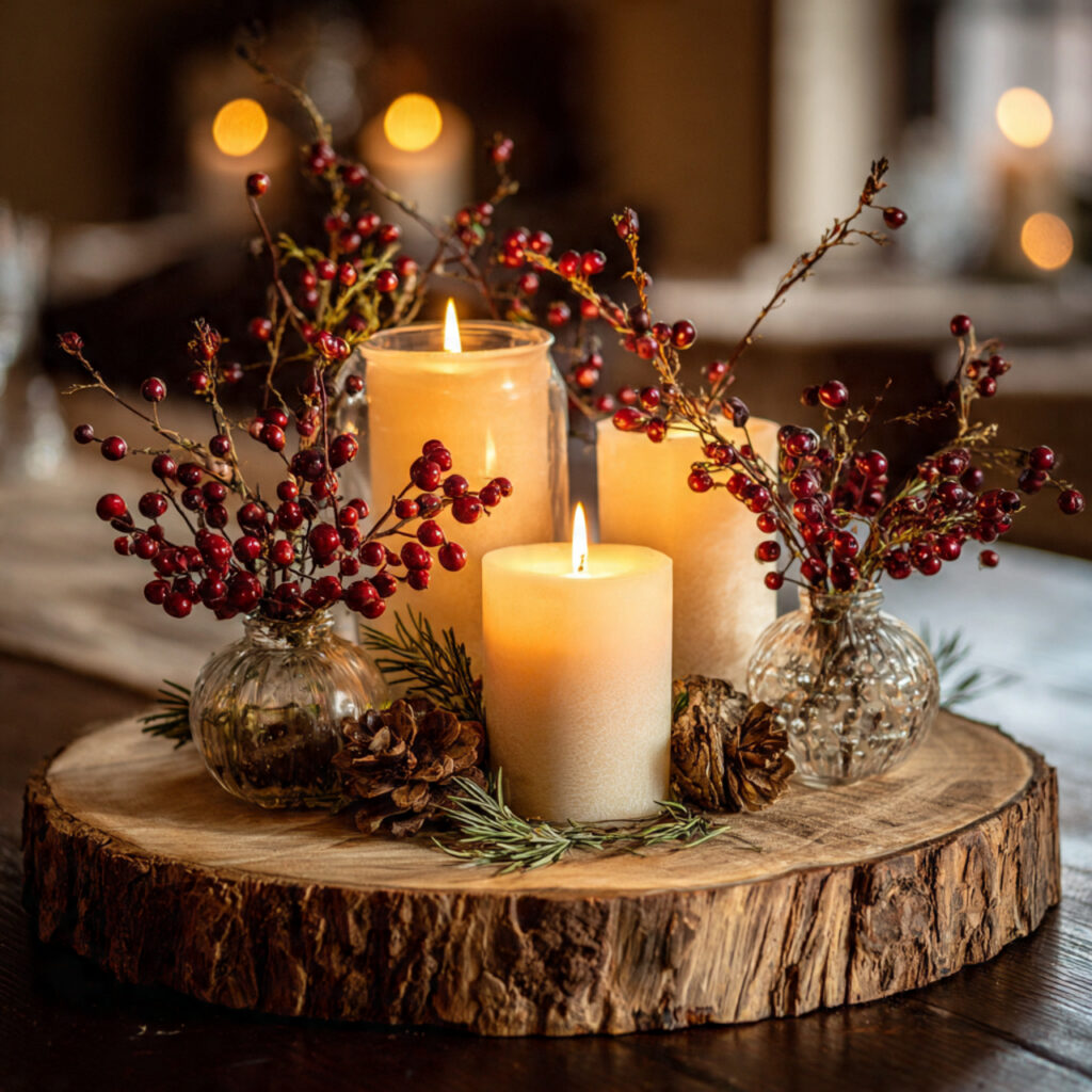 Winter Centerpieces: Festive & Stylish Decor Ideas 18 Utilizing Wood Slice Bases