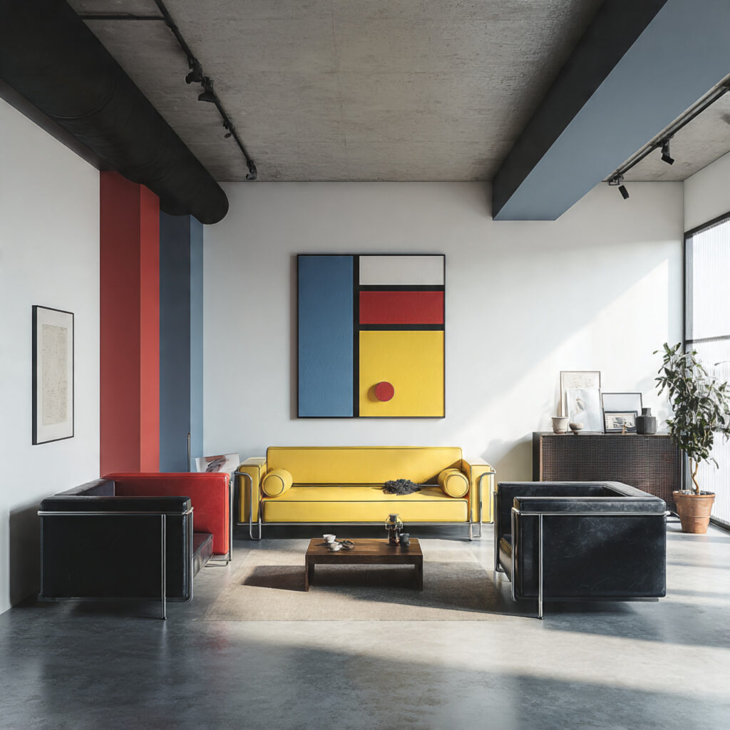 a minimalist bauhaus inspired living space featuring clean