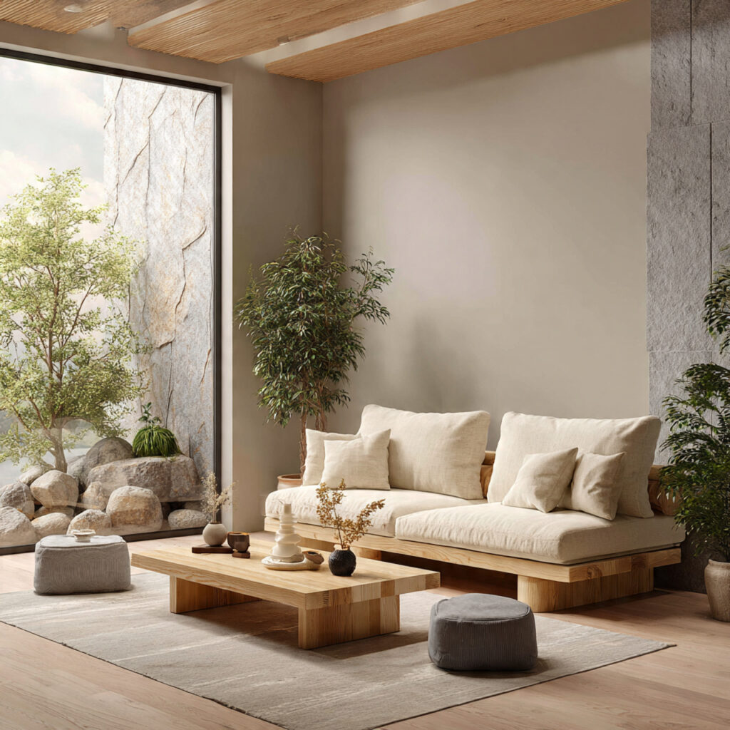 a serene japandi living room with light