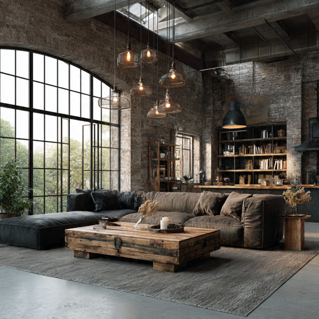 a spacious industrial loft interior with exposed