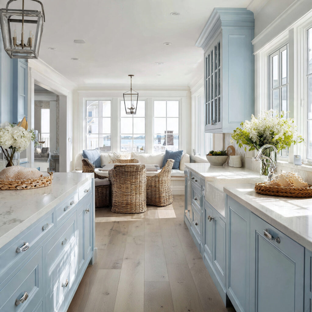 coastal style kitchen with soft blue and