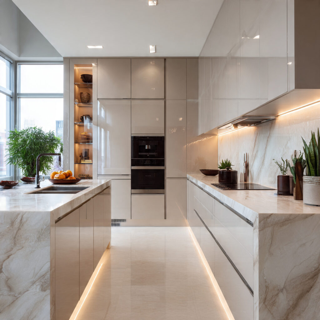 contemporary kitchen with glossy finishes handleless cabinets