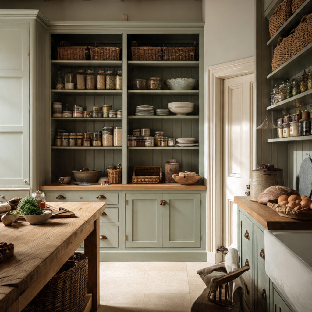english pantry style kitchen with built in cupboards muted