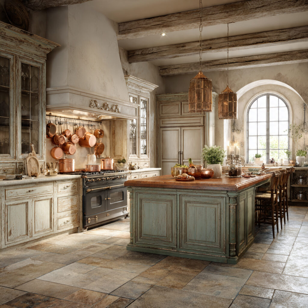 french country kitchen with distressed cabinetry soft