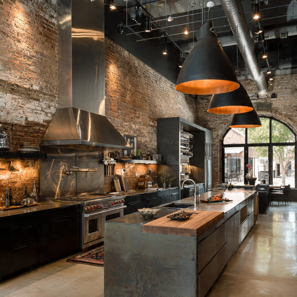 industrial kitchen design featuring exposed brick walls 2