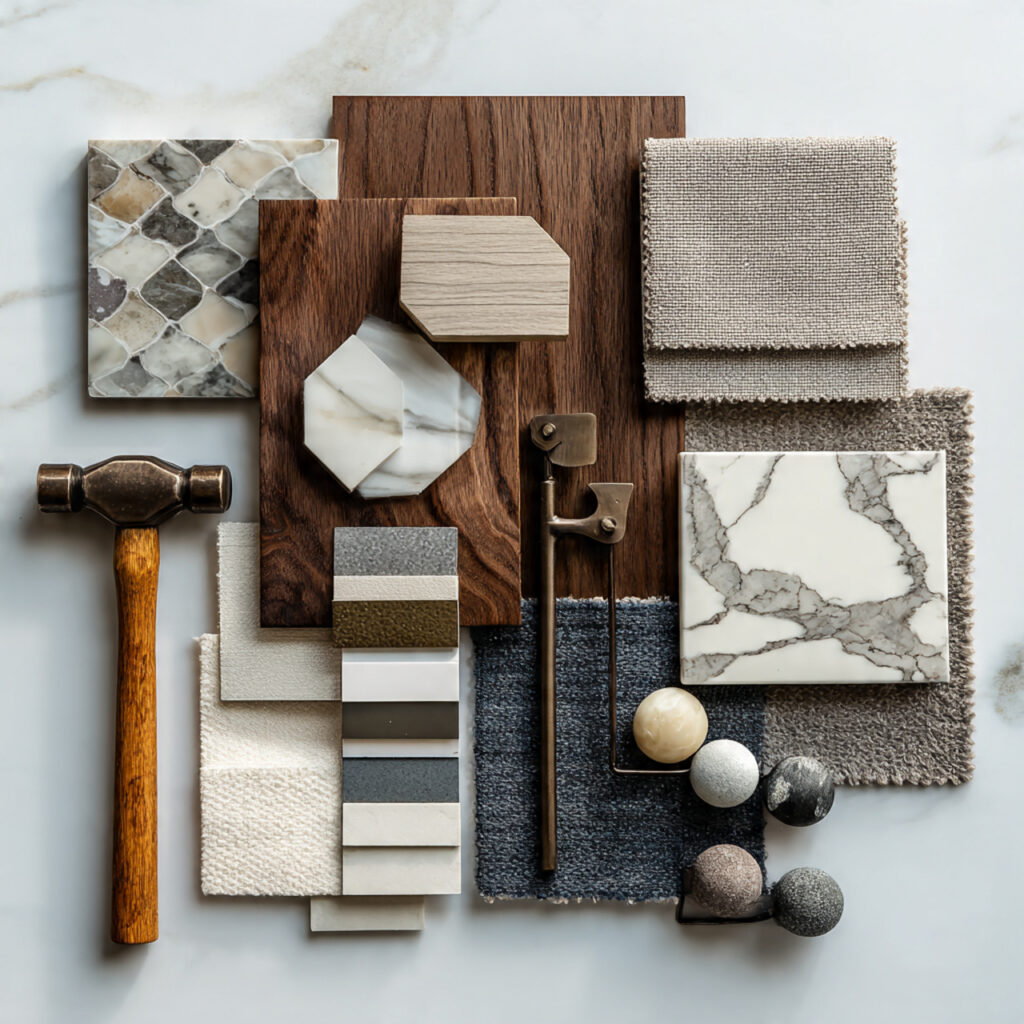 kitchen mood board flat lay featuring wood samples