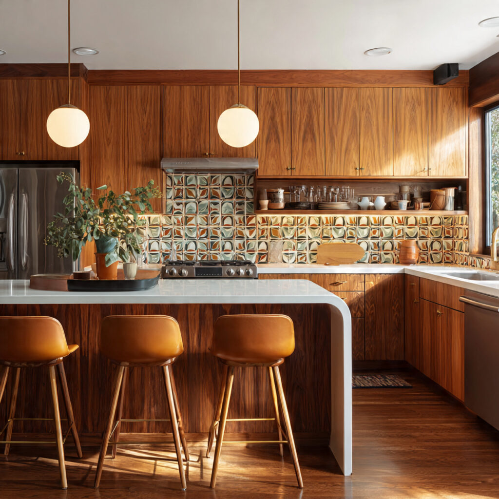 mid century modern kitchen with retro cabinetry bold