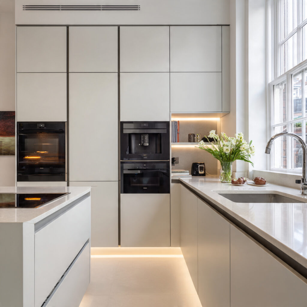 modern minimalist kitchen with handleless cabinets integrated