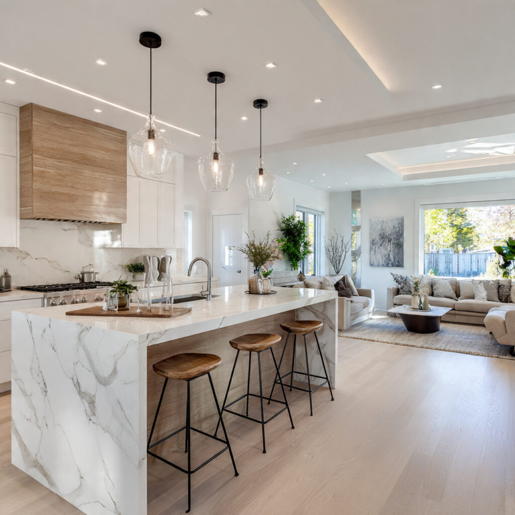 open concept kitchen seamlessly connected to living