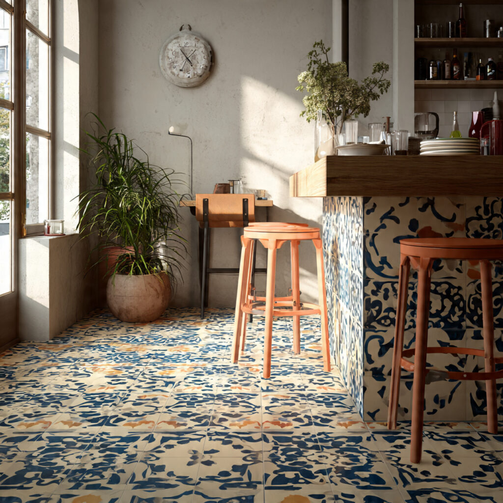 Kitchen Tiles Ideas for Modern, Stylish & Durable Kitchens 15 patterned cement tiles on kitchen floor bold encau