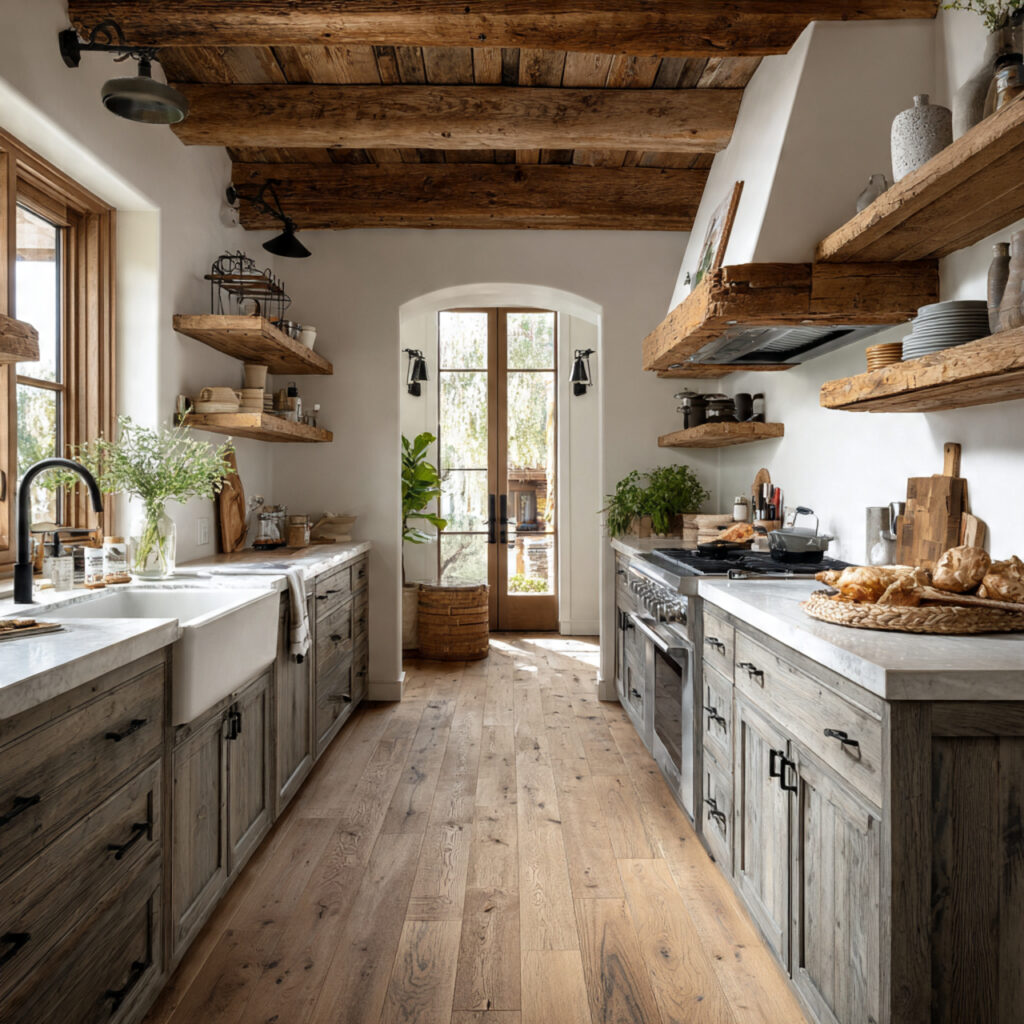 rustic farmhouse kitchen with reclaimed wood beams