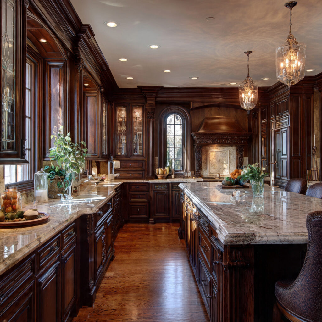 traditional kitchen with raised panel cabinets crown