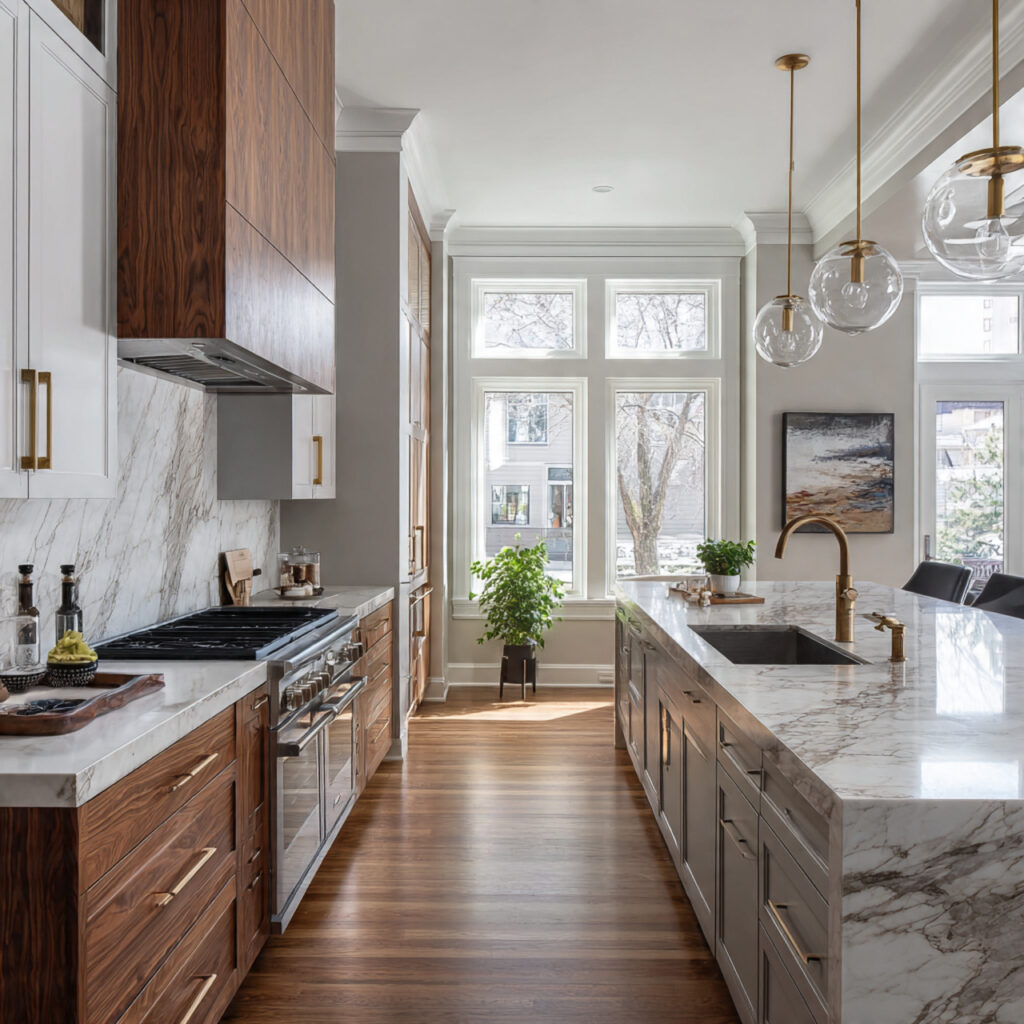 transitional kitchen blending modern clean lines with