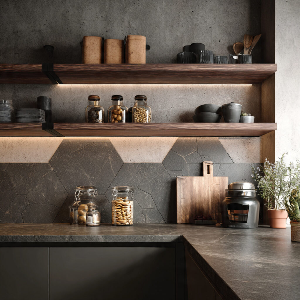 ultra realistic 8k hdr kitchen wall design with sh