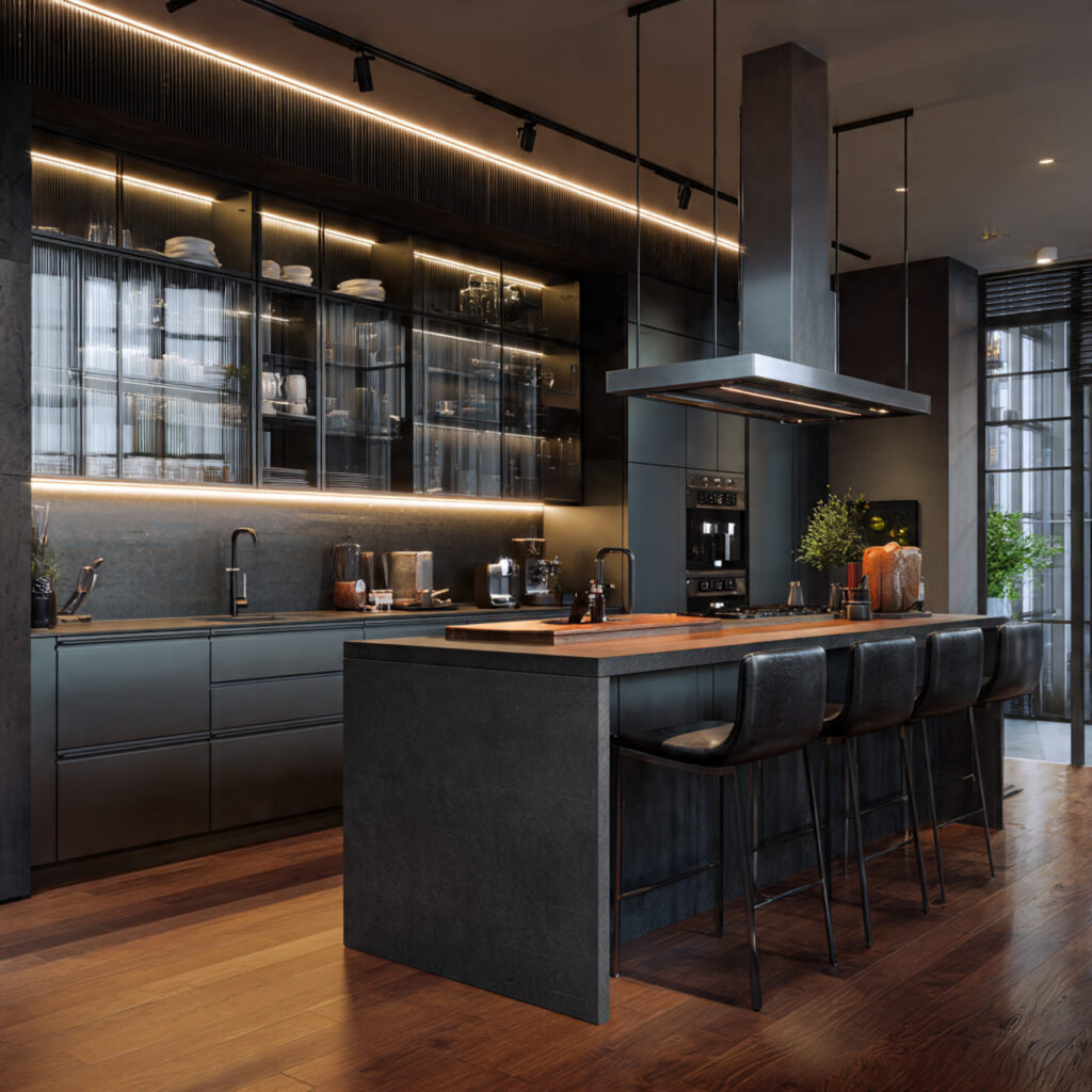 urban chic kitchen with dark tones sleek