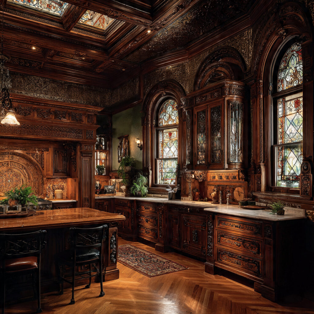 victorian kitchen with ornate carvings stained glass